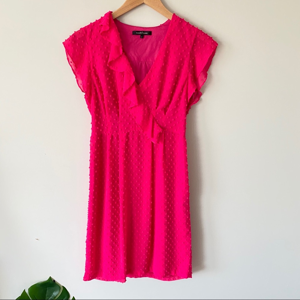 Nanette Lepore Fuchsia Swiss Dot Ruffle Faux Wrap Dress Hot Pink Size 0 - Picture 2 of 12